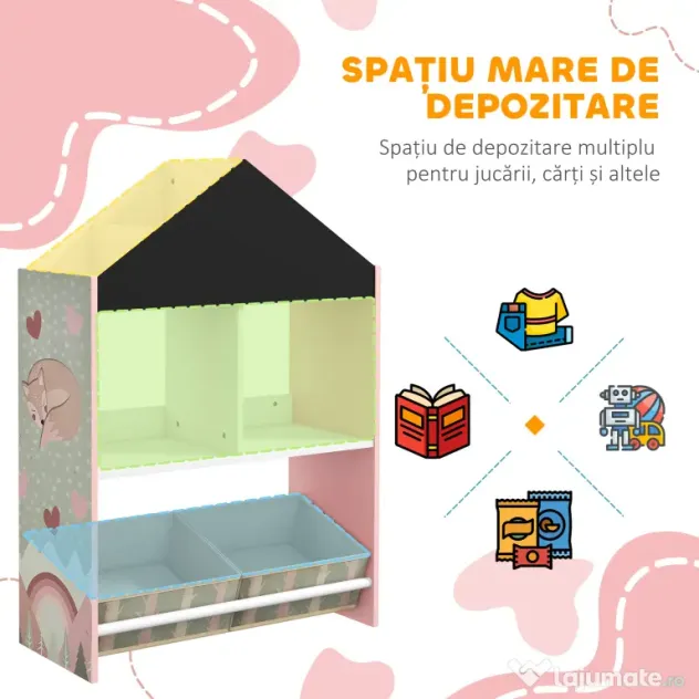ZONEKIZ Unitate de depozitare a jucăriilor pentru copii cu sertare și rafturi detașabile, pentru dormitorul copiilor, roz | Aosom Romania
