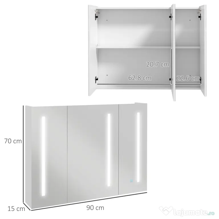 Kleankin Dulap cu Oglindă LED pentru Baie, USB, Raft Reglabil, 90x15x70cm, Alb Lucios | Aosom Romania