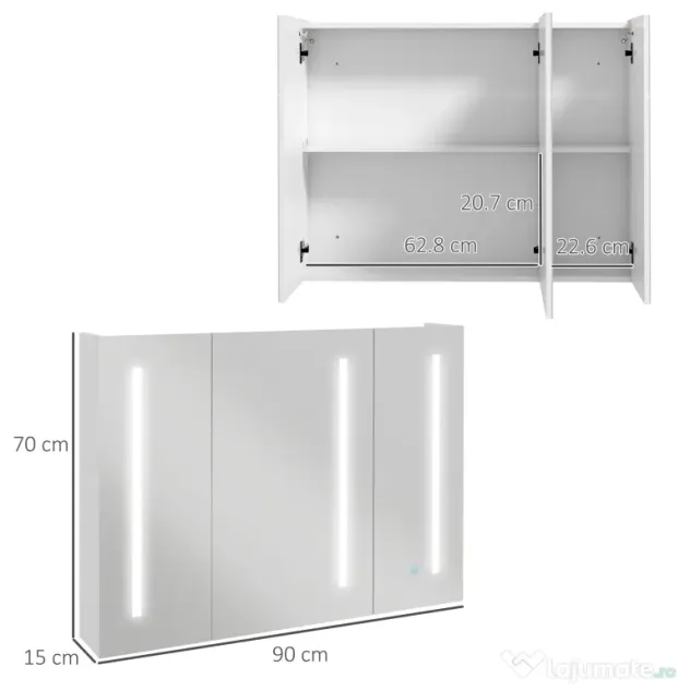 Kleankin Dulap cu Oglindă LED pentru Baie, USB, Raft Reglabil, 90x15x70cm, Alb Lucios | Aosom Romania