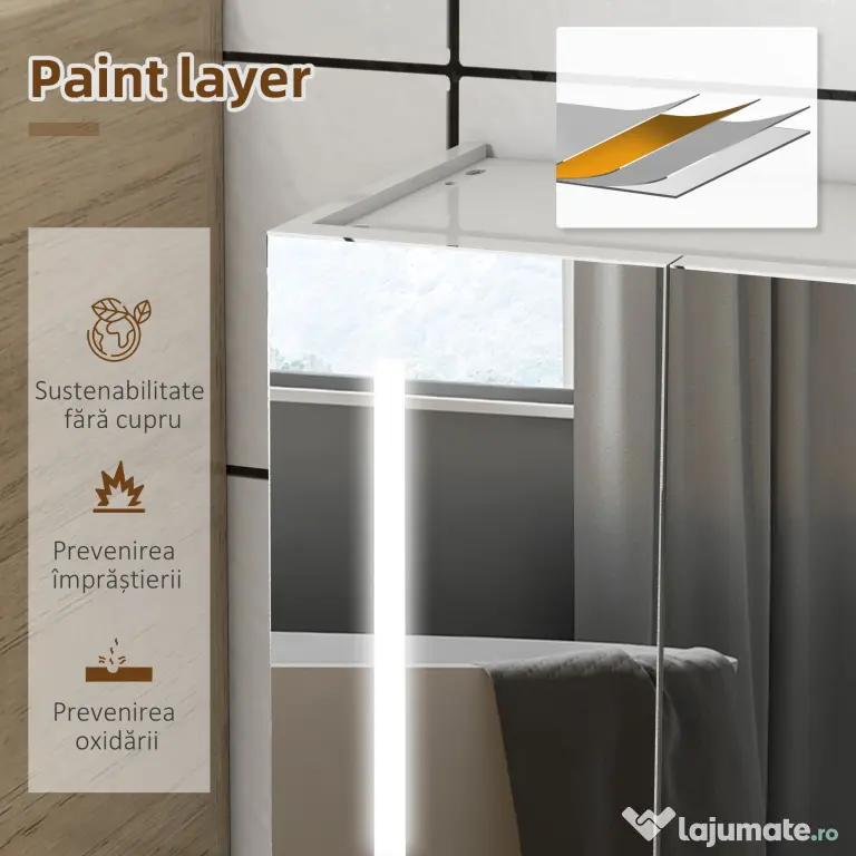 Kleankin Dulap cu Oglindă LED pentru Baie, USB, Raft Reglabil, 90x15x70cm, Alb Lucios | Aosom Romania
