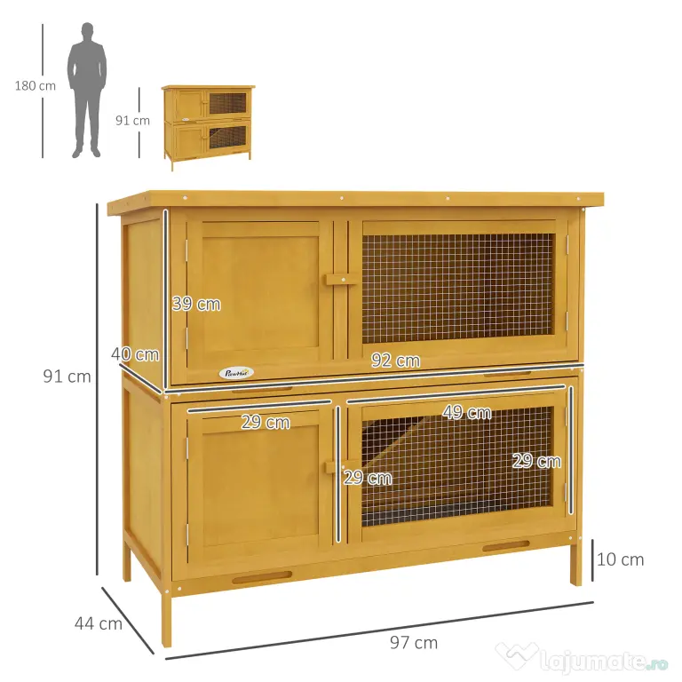 PawHut Adăpost pentru Iepuri cu 2 Niveluri, Cușcă pentru Porcușor de Guineea, Tăvi Detașabile, 100 x 47 x 91cm, Gri | Aosom Romania