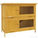 PawHut Cușcă pentru Iepuri cu 2 Niveluri din Lemn de Brad și Bitum cu Rampă, 2 Tăvi Detasabile, 4 Uși, 97x44x91 cm, Galben