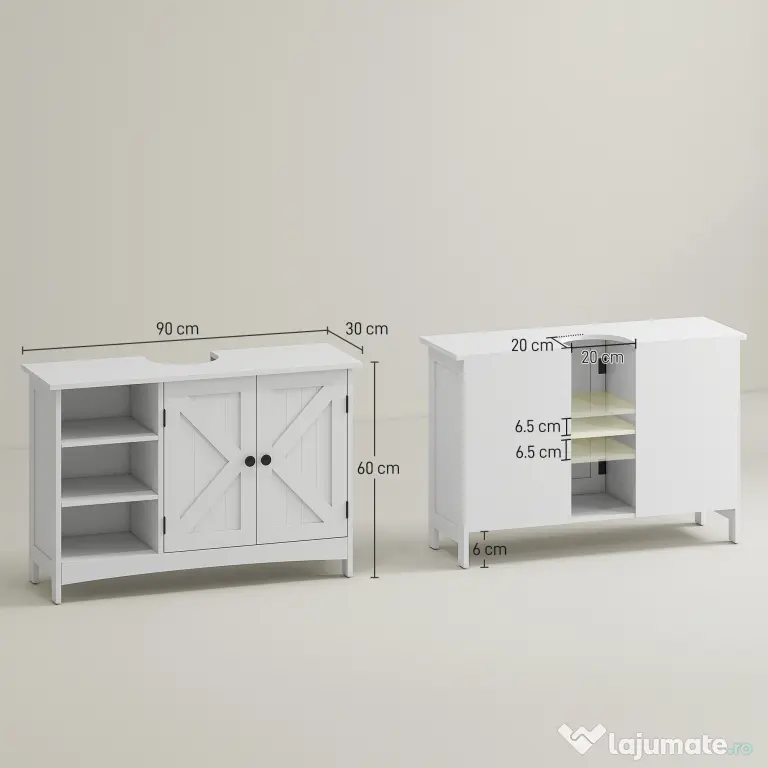 kleankin Dulap Rustic pentru Chiuveta din Baie, Dulap de Depozitare pentru sub Chiuveta cu Usi Duble si Rafturi, Alb