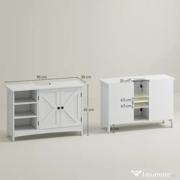 kleankin Dulap Rustic pentru Chiuveta din Baie, Dulap de Depozitare pentru sub Chiuveta cu Usi Duble si Rafturi, Alb