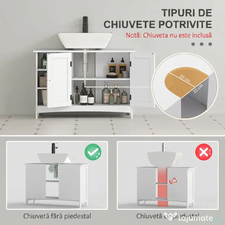 kleankin Dulap Rustic pentru Chiuveta din Baie, Dulap de Depozitare pentru sub Chiuveta cu Usi Duble si Rafturi, Alb
