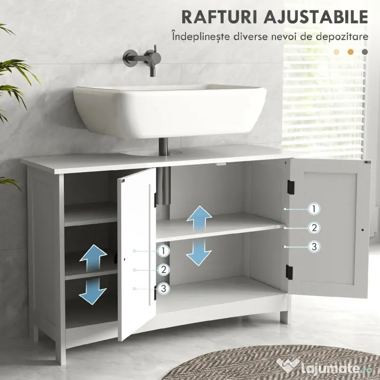 kleankin Dulap Rustic pentru Chiuveta din Baie, Dulap de Depozitare pentru sub Chiuveta cu Usi Duble si Rafturi, Alb