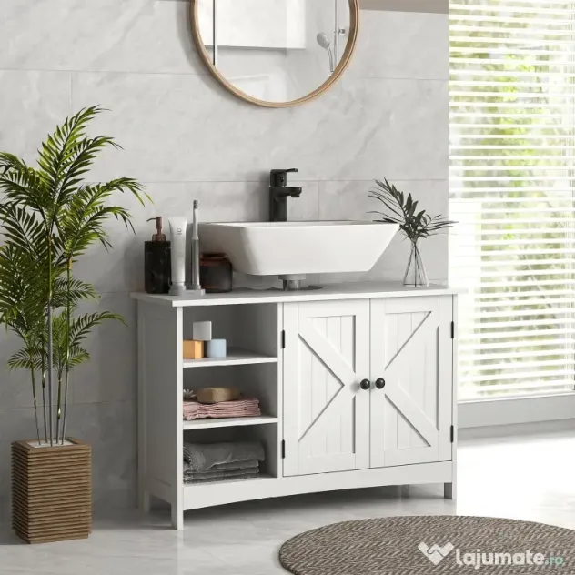 kleankin Dulap Rustic pentru Chiuveta din Baie, Dulap de Depozitare pentru sub Chiuveta cu Usi Duble si Rafturi, Alb