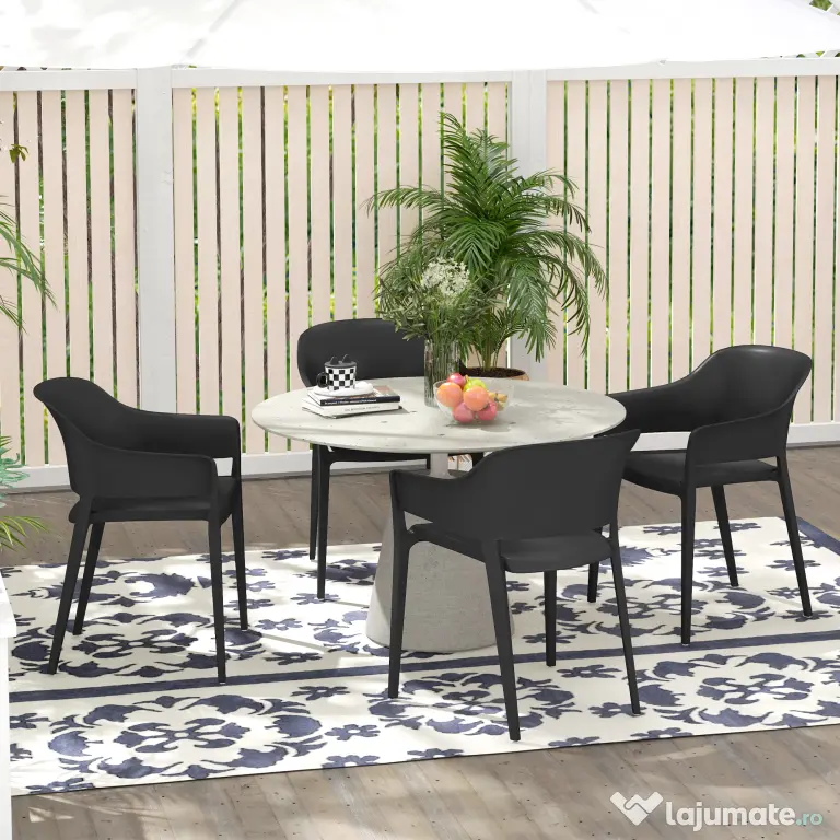 Outsunny Set de 4 Scaune de Grădină Negre, Stivuibile, cu Spătar Înalt și Cotieră, din PP, Stil Modern pentru Exterior | Aosom Romania