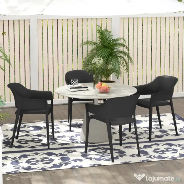 Outsunny Set de 4 Scaune de Grădină Negre, Stivuibile, cu Spătar Înalt și Cotieră, din PP, Stil Modern pentru Exterior | Aosom Romania