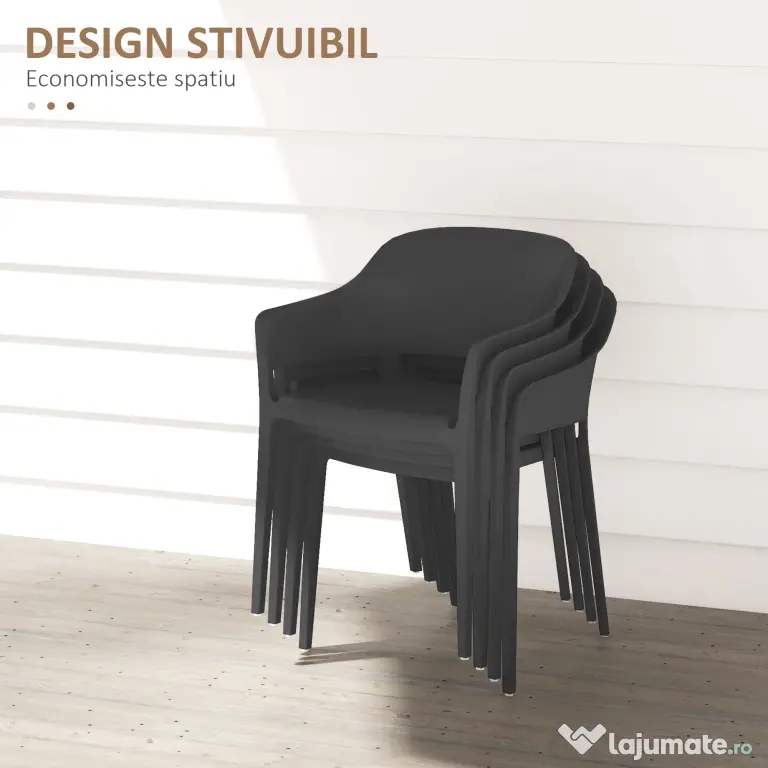 Outsunny Set de 4 Scaune de Grădină Negre, Stivuibile, cu Spătar Înalt și Cotieră, din PP, Stil Modern pentru Exterior | Aosom Romania