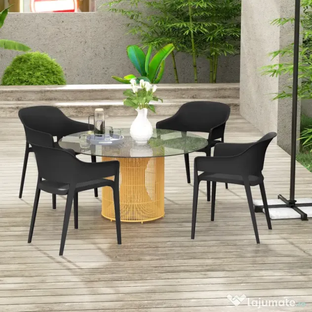 Outsunny Set de 4 Scaune de Grădină Negre, Stivuibile, cu Spătar Înalt și Cotieră, din PP, Stil Modern pentru Exterior | Aosom Romania