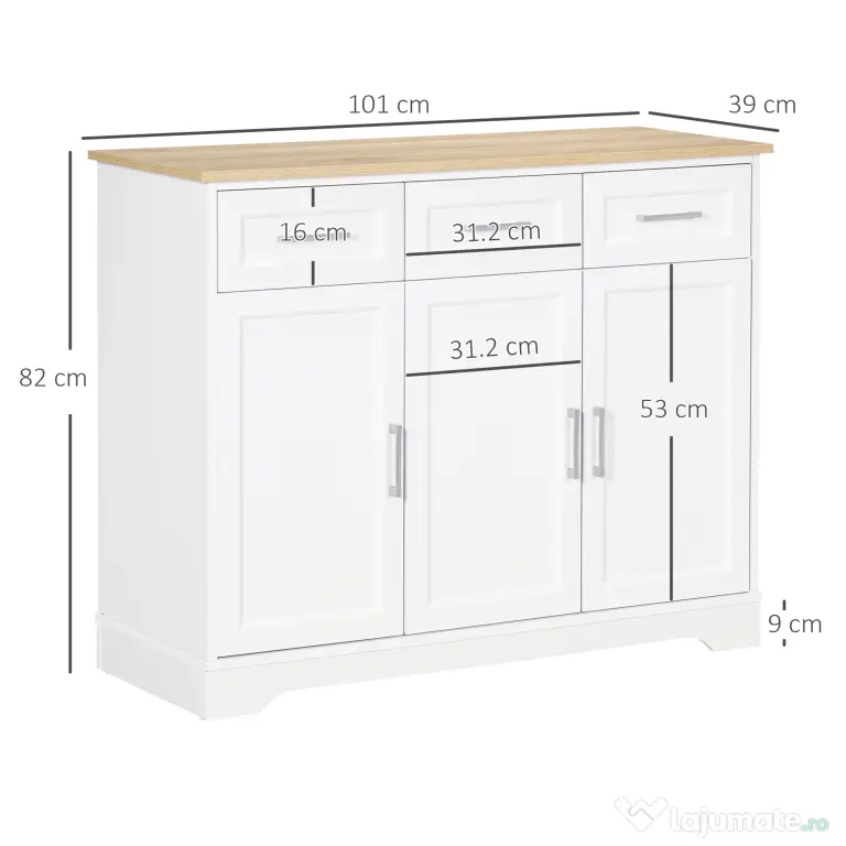 HOMCOM Bufet Modern din MDF și PAL cu Raft Reglabil, Dulap Multifuncțional cu 3 Sertare și 3 Uși, 101x39x82 cm, Alb | Aosom Romania