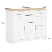 HOMCOM Bufet Modern din MDF și PAL cu Raft Reglabil, Dulap Multifuncțional cu 3 Sertare și 3 Uși, 101x39x82 cm, Alb | Aosom Romania 