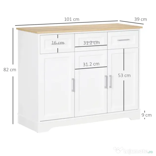 HOMCOM Bufet Modern din MDF și PAL cu Raft Reglabil, Dulap Multifuncțional cu 3 Sertare și 3 Uși, 101x39x82 cm, Alb | Aosom Romania