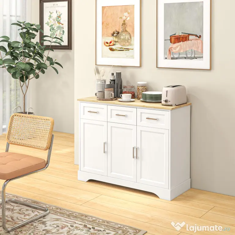 HOMCOM Bufet Modern din MDF și PAL cu Raft Reglabil, Dulap Multifuncțional cu 3 Sertare și 3 Uși, 101x39x82 cm, Alb | Aosom Romania