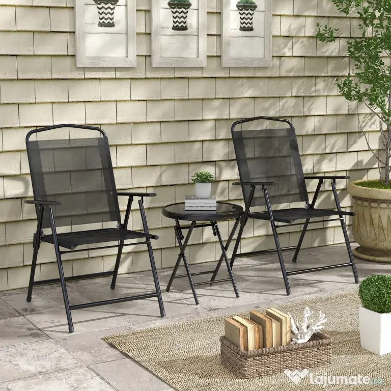 Outsunny Set de Exterior din 3 Piese cu Masă cu Blat din Sticlă și 2 Scaune Pliabile din Plasă, Ф45x50 cm, Gri Deschis | Aosom Romania