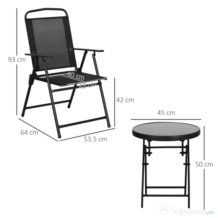 Outsunny Set de Exterior din 3 Piese cu Masă cu Blat din Sticlă și 2 Scaune Pliabile din Plasă, Ф45x50 cm, Gri Deschis | Aosom Romania