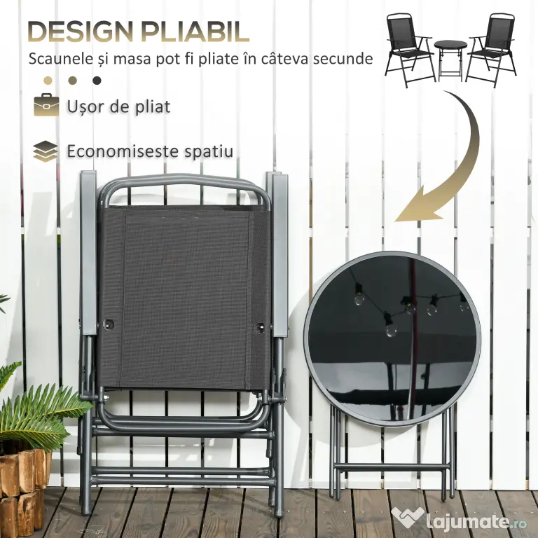 Outsunny Set de Exterior din 3 Piese cu Masă cu Blat din Sticlă și 2 Scaune Pliabile din Plasă, Ф45x50 cm, Gri Deschis | Aosom Romania
