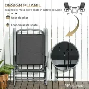 Outsunny Set de Exterior din 3 Piese cu Masă cu Blat din Sticlă și 2 Scaune Pliabile din Plasă, Ф45x50 cm, Gri Deschis | Aosom Romania 
