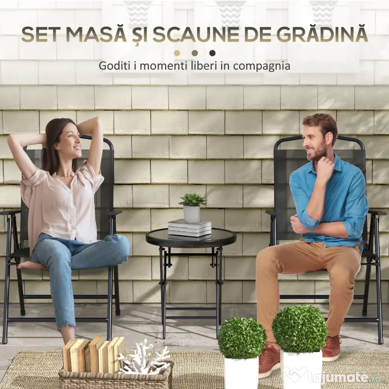 Outsunny Set de Exterior din 3 Piese cu Masă cu Blat din Sticlă și 2 Scaune Pliabile din Plasă, Ф45x50 cm, Gri Deschis | Aosom Romania