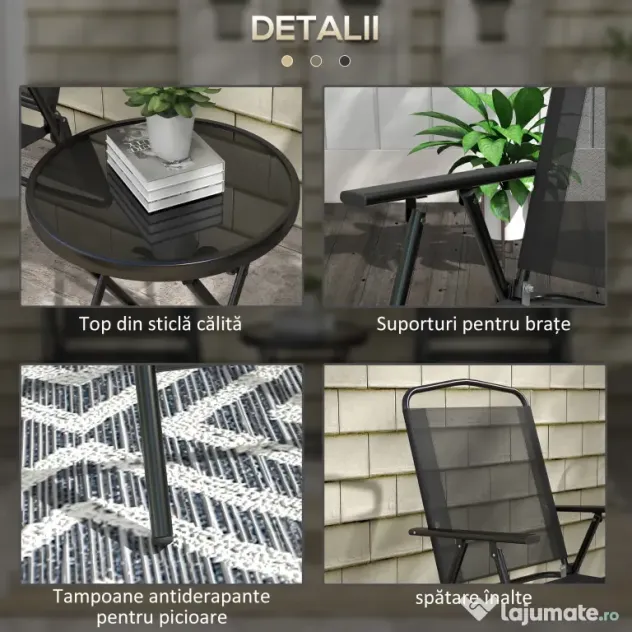 Outsunny Set de Exterior din 3 Piese cu Masă cu Blat din Sticlă și 2 Scaune Pliabile din Plasă, Ф45x50 cm, Gri Deschis | Aosom Romania