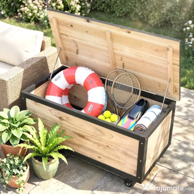 Outsunny Cutie de Depozitare pentru Exterior 121L cu Roți, Organizator din Lemn cu Armătură de Oțel, Maro | Aosom Romania