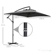 Outsunny Umbrelă Consolă 3m cu Bază în Cruce, Model Banana cu Manivelă, 6 Spite, Umbrelă Dreptunghiulară pentru Terasă, Gri | Aosom Romania 