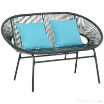 Outsunny Bancă de grădină cu 2 locuri din metal și sfoară din rășină cu 2 perne - dim. 132L x 72l x 83Î cm - negru | Aosom Romania