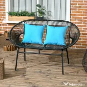 Outsunny Bancă de grădină cu 2 locuri din metal și sfoară din rășină cu 2 perne - dim. 132L x 72l x 83Î cm - negru | Aosom Romania