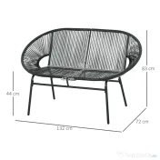 Outsunny Bancă de grădină cu 2 locuri din metal și sfoară din rășină cu 2 perne - dim. 132L x 72l x 83Î cm - negru | Aosom Romania