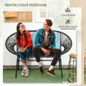 Outsunny Bancă de grădină cu 2 locuri din metal și sfoară din rășină cu 2 perne - dim. 132L x 72l x 83Î cm - negru | Aosom Romania