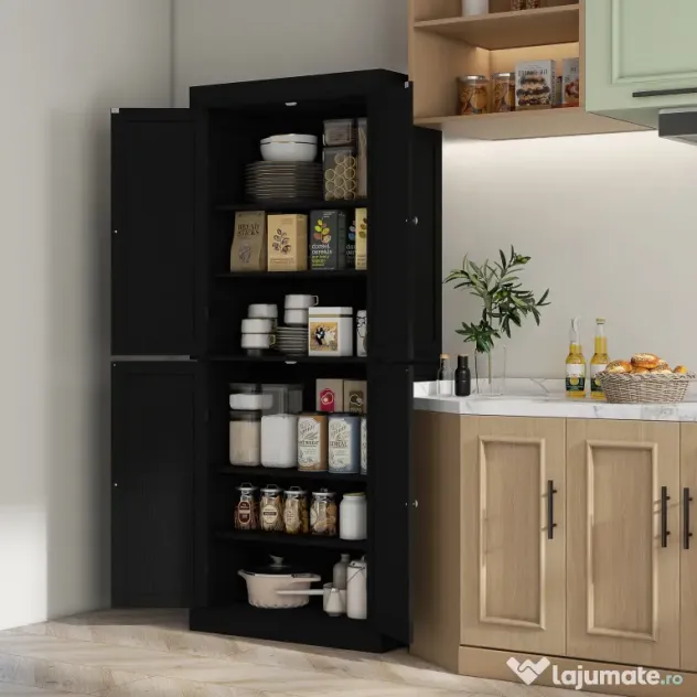 HOMCOM Dulap Înalt de Bucătărie cu 6 Rafturi și 2 Uși, Dulap cu Rafturi Reglabile din Lemn, 76x40,5x184 cm, Alb | Aosom Romania