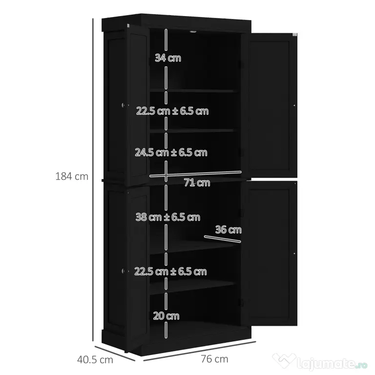 HOMCOM Dulap Înalt de Bucătărie cu 6 Rafturi și 2 Uși, Dulap cu Rafturi Reglabile din Lemn, 76x40,5x184 cm, Alb | Aosom Romania