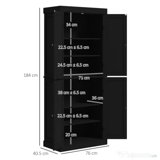 HOMCOM Dulap Înalt de Bucătărie cu 6 Rafturi și 2 Uși, Dulap cu Rafturi Reglabile din Lemn, 76x40,5x184 cm, Alb | Aosom Romania