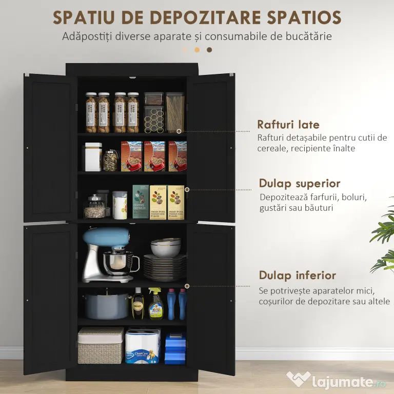 HOMCOM Dulap Înalt de Bucătărie cu 6 Rafturi și 2 Uși, Dulap cu Rafturi Reglabile din Lemn, 76x40,5x184 cm, Alb | Aosom Romania