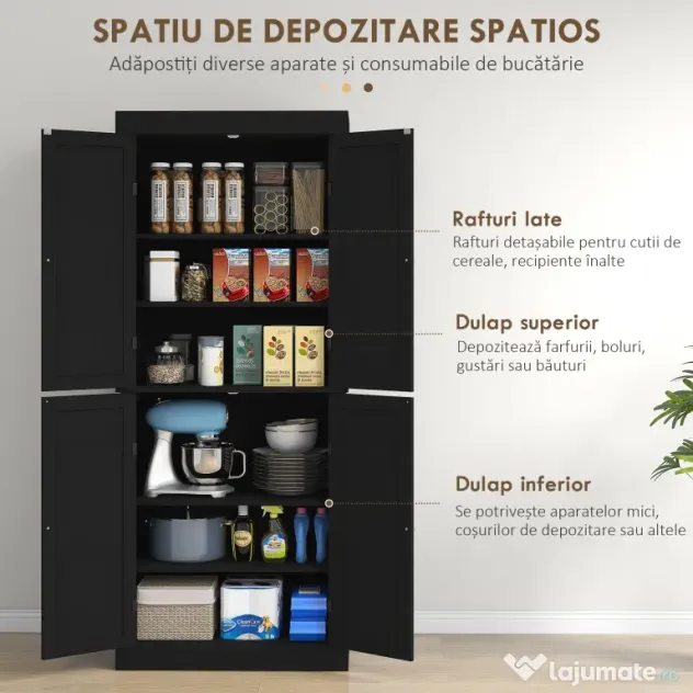HOMCOM Dulap Înalt de Bucătărie cu 6 Rafturi și 2 Uși, Dulap cu Rafturi Reglabile din Lemn, 76x40,5x184 cm, Alb | Aosom Romania