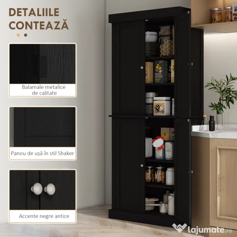 HOMCOM Dulap Înalt de Bucătărie cu 6 Rafturi și 2 Uși, Dulap cu Rafturi Reglabile din Lemn, 76x40,5x184 cm, Alb | Aosom Romania