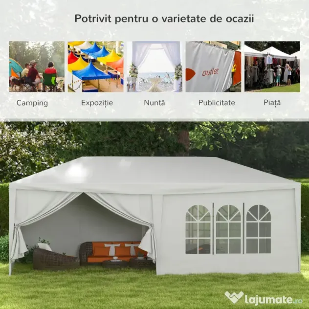 Outsunny Cort pentru Petreceri 6x3m cu Pereti Laterali Detasabili, Foisor de Gradina cu Usi si Ferestre, Alb