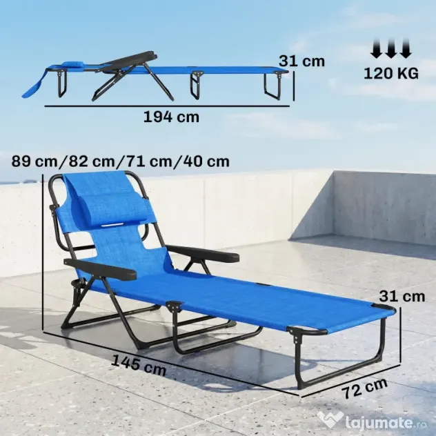 Outsunny Sezlong Plaja Pliabil cu 4 Nivele Rabatare si brațe, Greutate sustinuta 120 kg,Gri | Aosom Romania