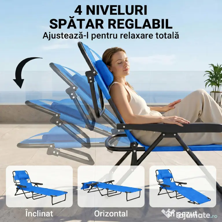Outsunny Sezlong Plaja Pliabil cu 4 Nivele Rabatare si brațe, Greutate sustinuta 120 kg,Gri | Aosom Romania