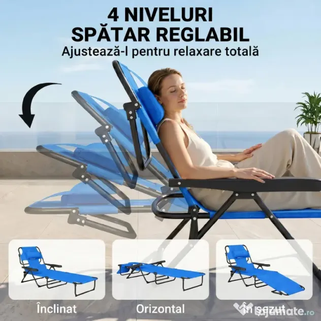 Outsunny Sezlong Plaja Pliabil cu 4 Nivele Rabatare si brațe, Greutate sustinuta 120 kg,Gri | Aosom Romania