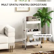 HOMCOM Cărucior pentru Depozitare pe 3 Nivele și Roți cu Frâne, Cărucior Rulant cu 3 Coșuri din Plasă, 45x30,6x79 cm, Alb | Aosom Romania