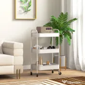 HOMCOM Cărucior pentru Depozitare pe 3 Nivele și Roți cu Frâne, Cărucior Rulant cu 3 Coșuri din Plasă, 45x30,6x79 cm, Alb | Aosom Romania