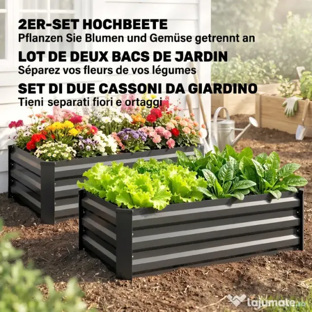 Outsunny Set de 2 Paturi Galvanizate Inaltate pentru Gradina, Cutie de Plantare Inaltata pentru Exterior, Usor de Asamblat, pentru Cultivarea Florilor