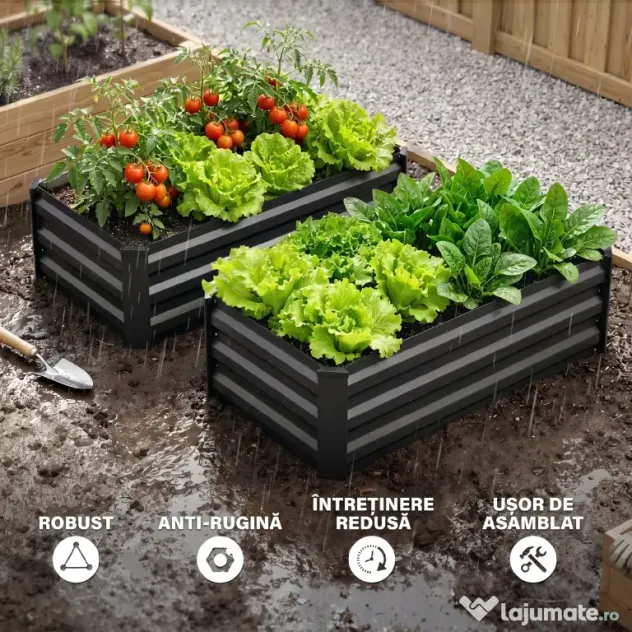 Outsunny Set de 2 Paturi Galvanizate Inaltate pentru Gradina, Cutie de Plantare Inaltata pentru Exterior, Usor de Asamblat, pentru Cultivarea Florilor
