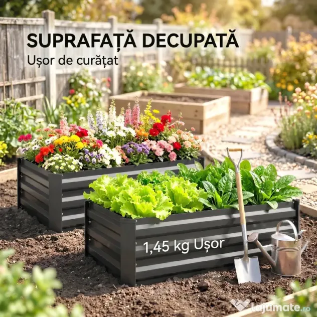 Outsunny Set de 2 Paturi Galvanizate Inaltate pentru Gradina, Cutie de Plantare Inaltata pentru Exterior, Usor de Asamblat, pentru Cultivarea Florilor