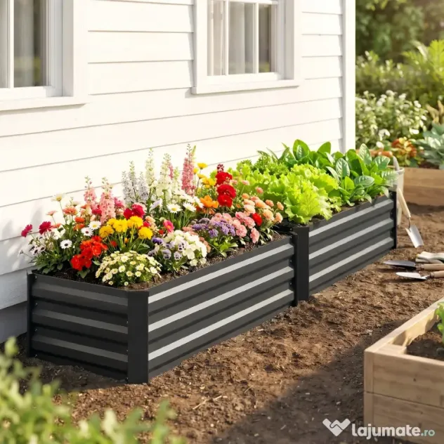 Outsunny Set de 2 Paturi Galvanizate Inaltate pentru Gradina, Cutie de Plantare Inaltata pentru Exterior, Usor de Asamblat, pentru Cultivarea Florilor