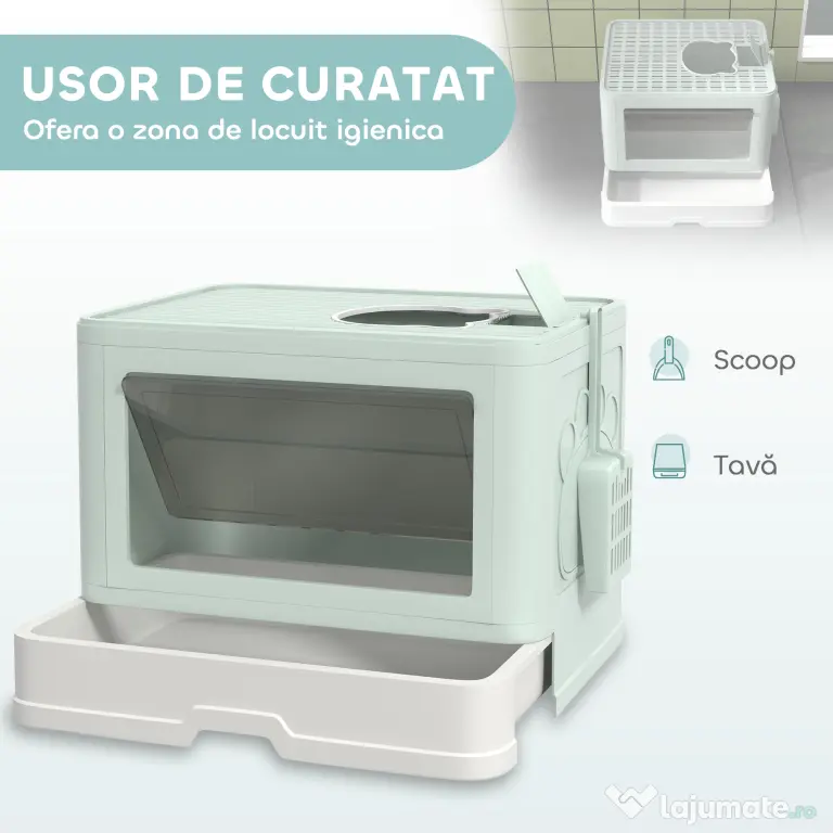 PawHut Litieră de nisip pentru pisici cu Capac, Intrare Dublă, Sertar, Lopățică, Verde | Aosom Romania