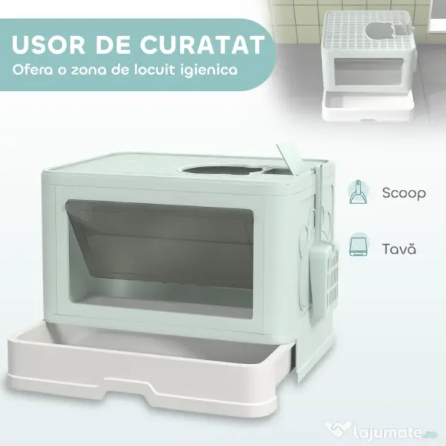PawHut Litieră de nisip pentru pisici cu Capac, Intrare Dublă, Sertar, Lopățică, Verde | Aosom Romania