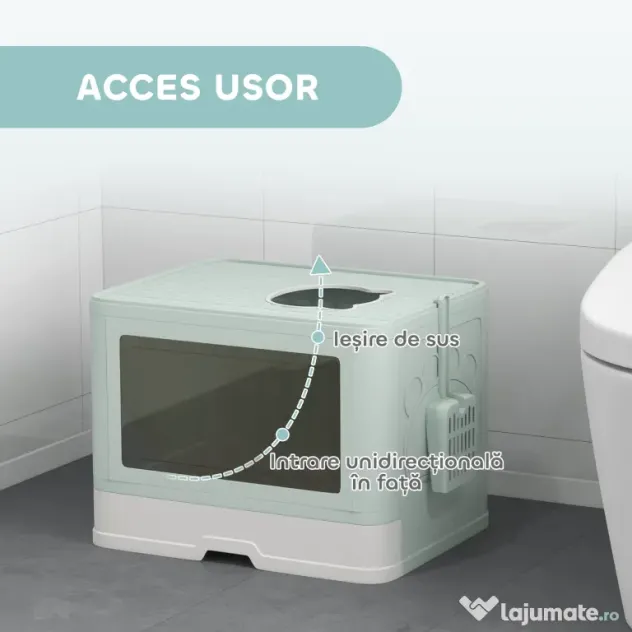 PawHut Litieră de nisip pentru pisici cu Capac, Intrare Dublă, Sertar, Lopățică, Verde | Aosom Romania
